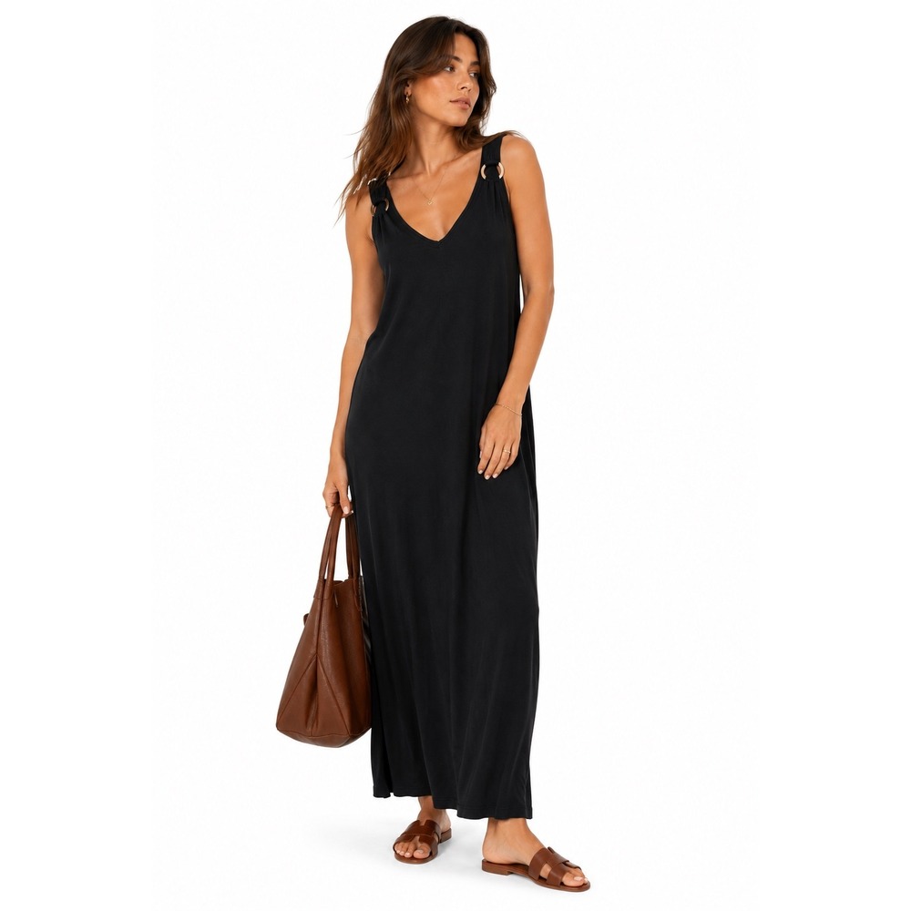 Minimalist Black Maxi Dress Gold Ring Detail Green Envelope Size M